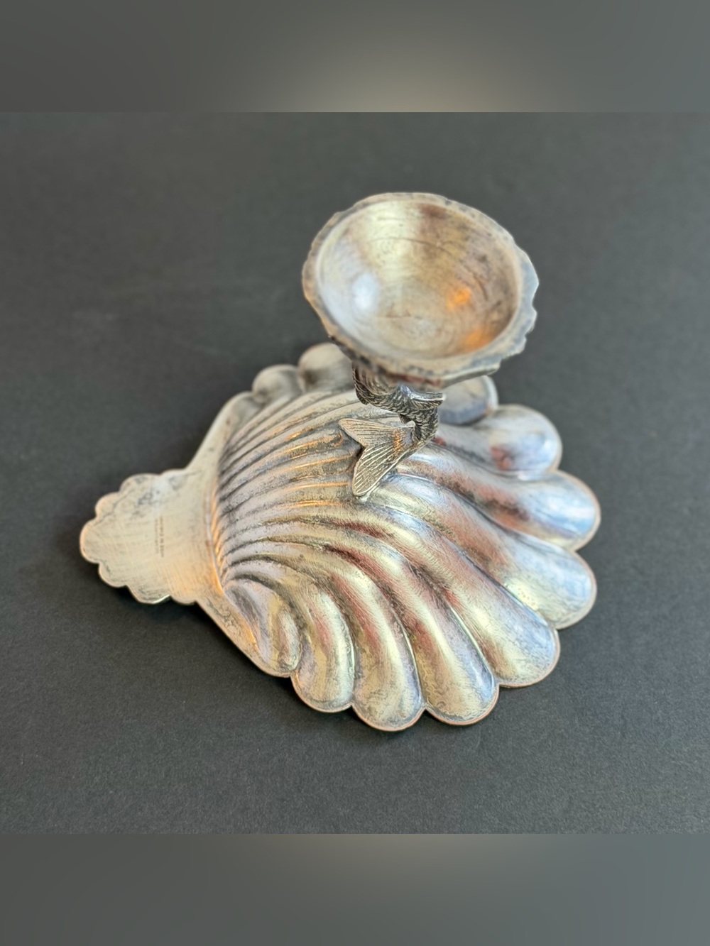 Antique English EP Copper Silver Plate Shell Salt Cellar Fish Stem Compote - Picture 8 of 13
